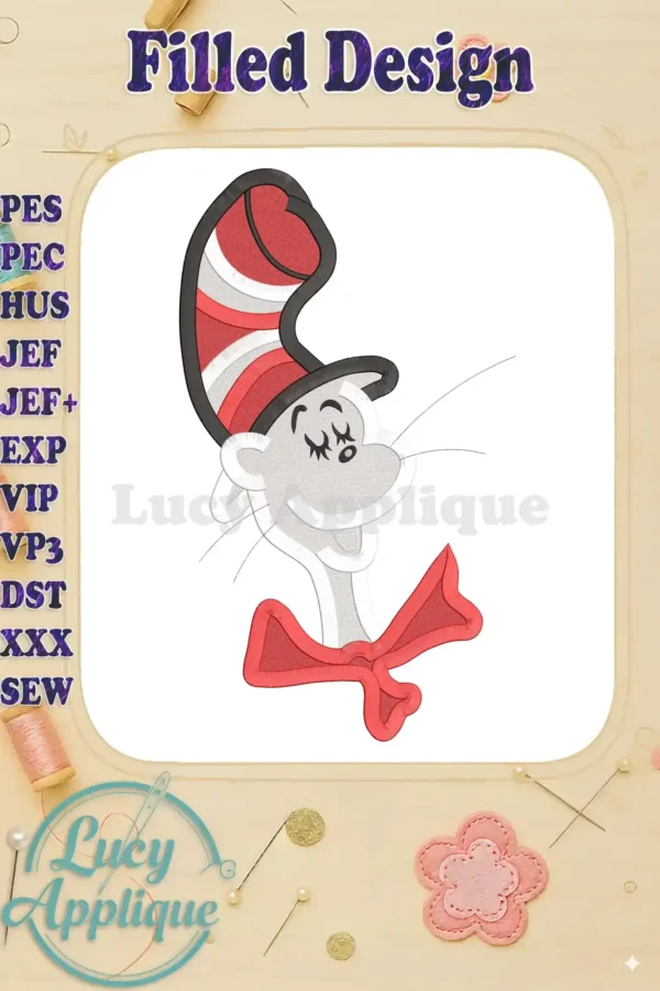 Embroidery design of Cat in the Hat, showcasing filled stitches in red, white, and gray. Detailed, whimsical style, perfect for sewing projects.