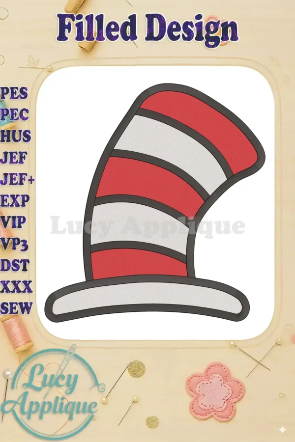 Embroidery design of the Cat in the Hat's hat, filled stitch, red and white stripes, simple and charming, suitable for various projects.