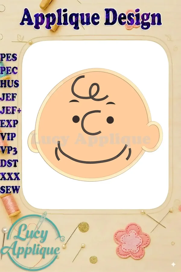 Embroidery design of Charlie Brown's head, a classic Peanuts character, ready for applique. Different file formats shown.