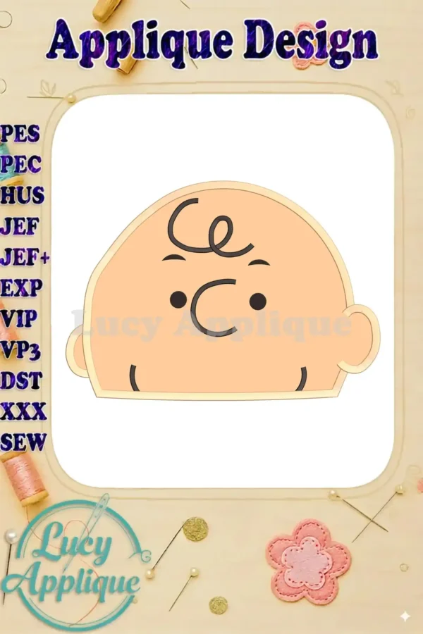 Main image showcasing the Charlie Brown applique embroidery design. The design is a simple, yet charming rendition of Charlie Brown's head.