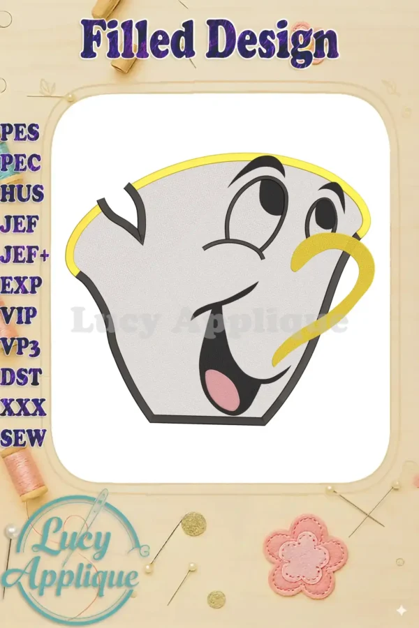 Close-up view of Chip Potts's head, a filled machine embroidery design, showcasing his cheerful expression and detailed features. Perfect for Disney fans!