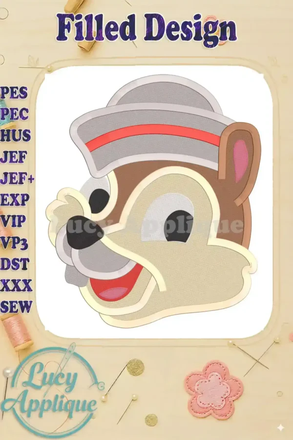 Embroidery design of Chip from Chip 'n Dale, wearing a sailor hat. The design is filled, showing various colors and details, ready to be stitched.