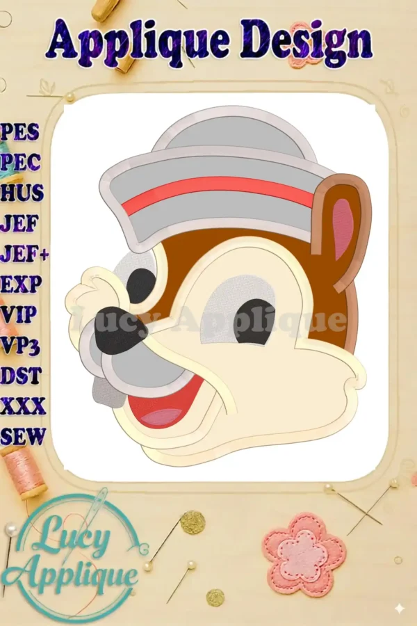 Chip and Dale applique embroidery design showcasing Chip in a sailor hat. The design features multiple colored thread sections and is shown on a white background.
