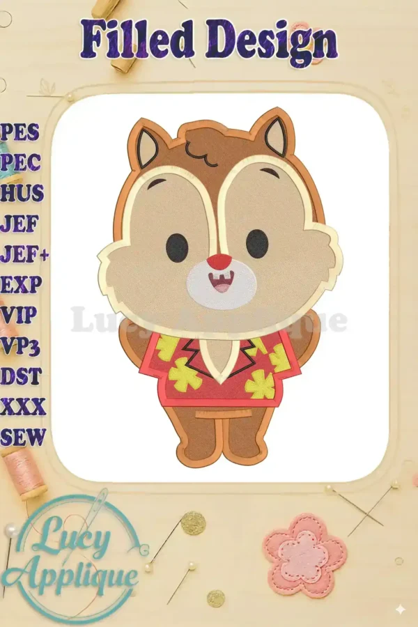 Adorable Chip and Dale in Hawaiian shirts, ready to be embroidered! This filled design features detailed stitching and vibrant colors. Perfect for adding Disney magic to your projects.