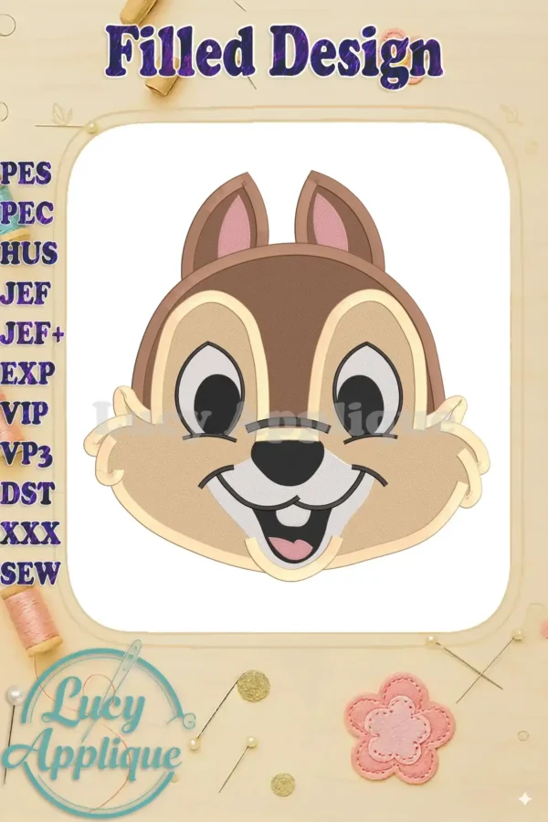 Embroidery design of Chip's happy face, filled stitch style. Perfect for adding Disney charm to clothing or home decor. Downloadable pattern included.