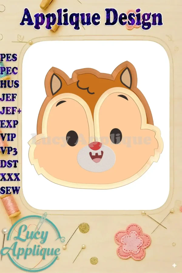 Chip and Dale applique design showcasing their cheerful faces with brown fur, big eyes, and happy expressions, ready to be stitched.