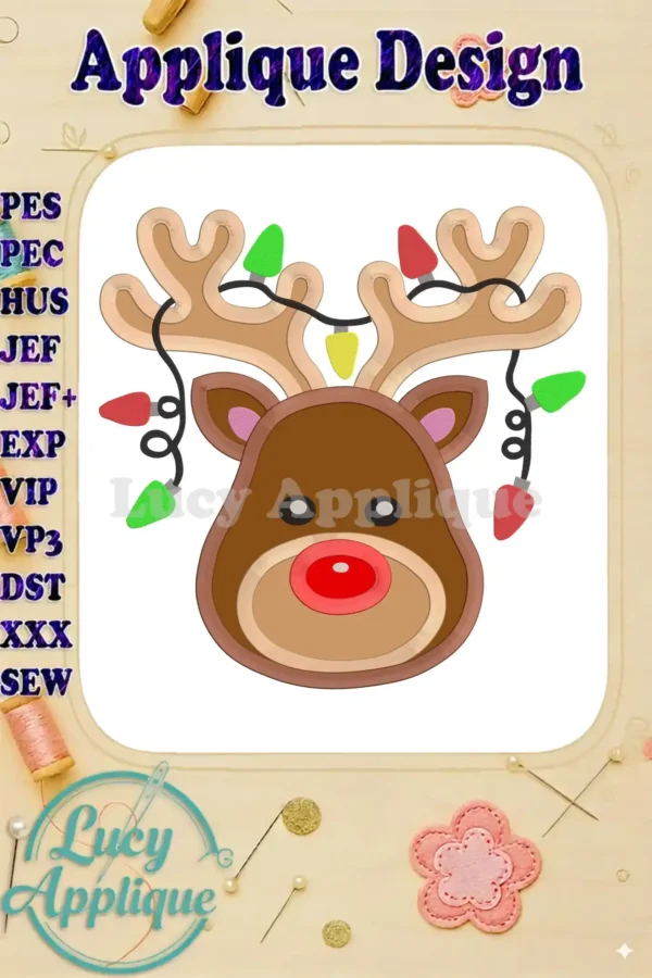 A charming Christmas reindeer applique embroidery design, showcasing a cute reindeer head adorned with twinkling lights. Perfect for adding holiday cheer to your projects. Download now!