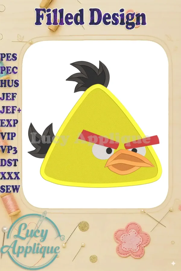 Embroidery design of Chuck, the yellow Angry Bird, in a filled stitch style. The design showcases Chuck's signature triangular shape and angry expression.