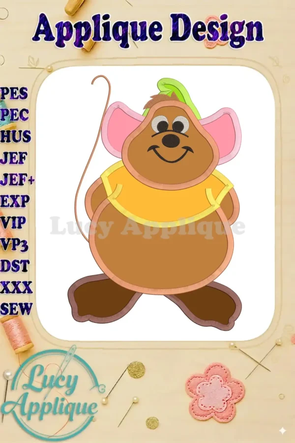 Applique embroidery design of Gus, Cinderella's mouse friend, in brown, yellow, and pink. The design includes various file formats.