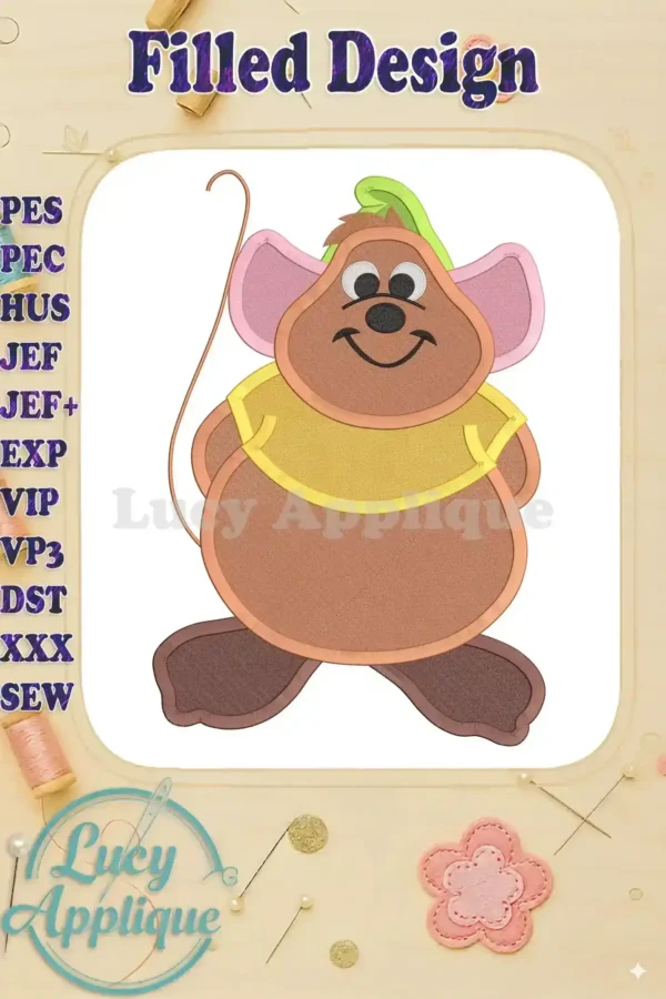 Adorable Gus Gus mouse from Cinderella, in a filled machine embroidery design, shown on a beige background with a decorative border. Perfect for adding whimsical charm to your projects!
