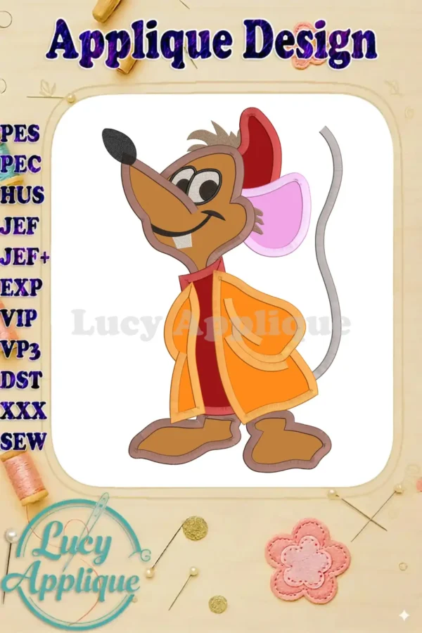 Jaq from Disney's Cinderella in an applique embroidery design, shown in multiple formats and colors. Perfect for adding to clothing, bags, or home decor.