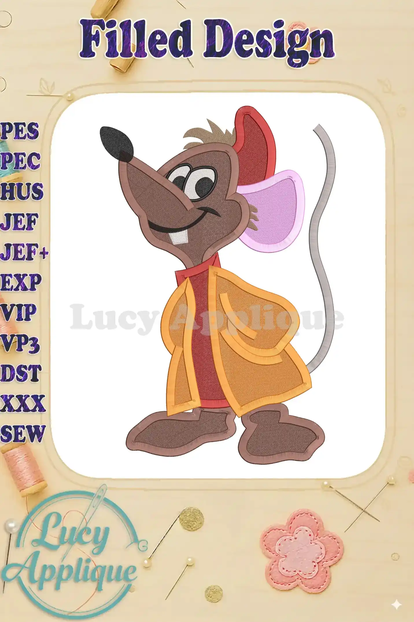 Jaq, the adorable mouse from Disney's Cinderella, depicted in a filled machine embroidery design. The design showcases Jaq in a detailed, charming pose, wearing a coat.