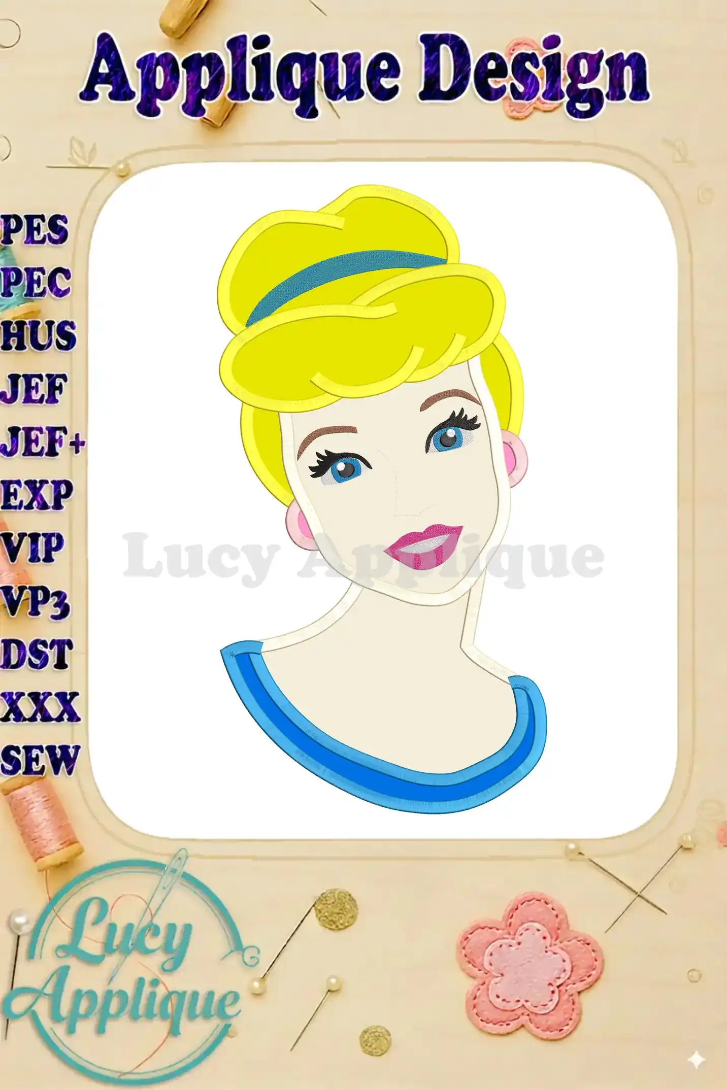 A charming close-up of a Cinderella applique embroidery design, showcasing intricate details and vibrant colors.