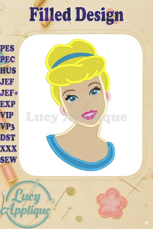 Embroidery design of Cinderella, featuring filled stitches. The design is presented on a white background with a simple frame, showcasing the princess's face and shoulders in pastel colors.