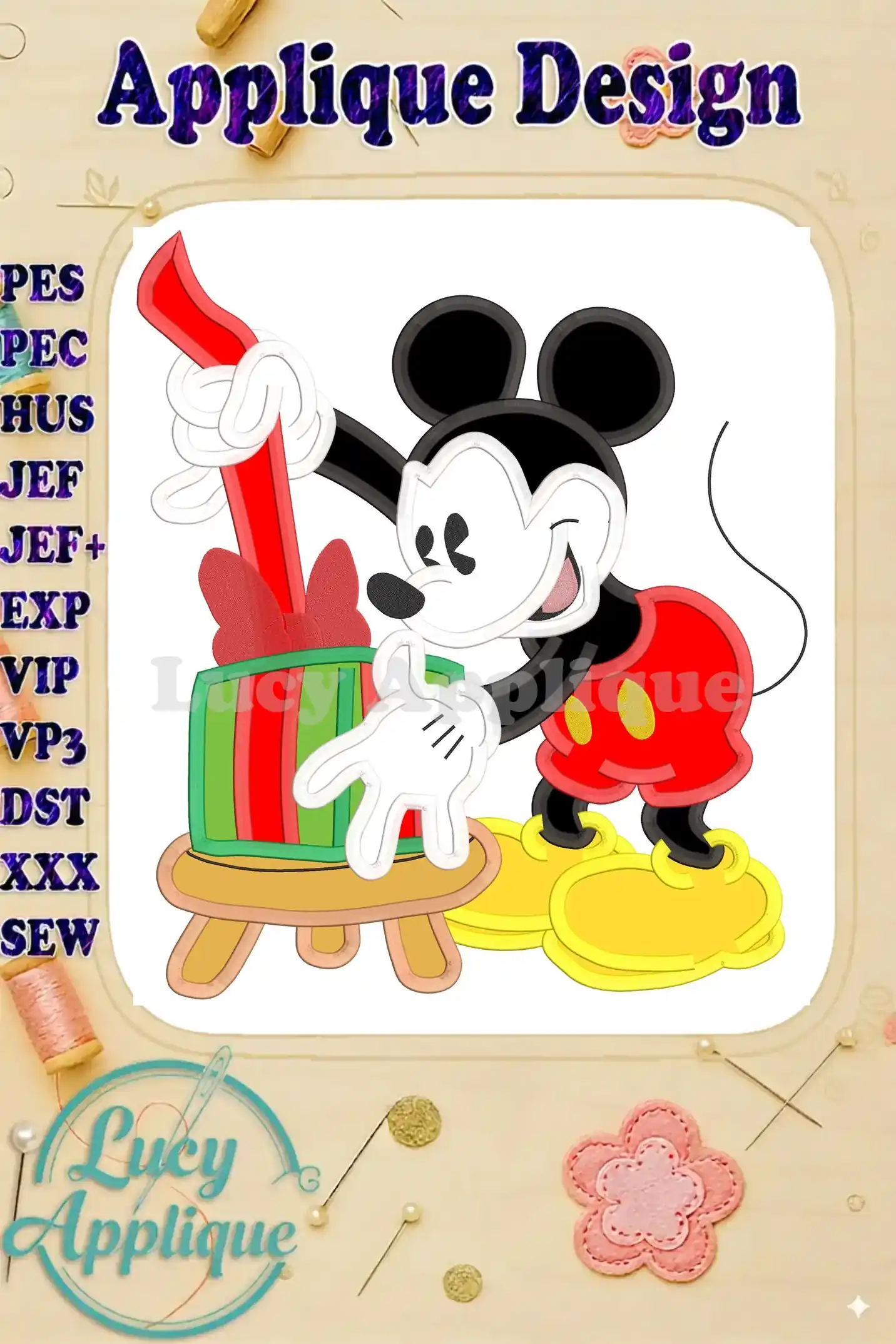 Classic Mickey Mouse opening a gift applique design. Detailed image shows Mickey with a gift, ready to be stitched. This design is perfect for adding a touch of Disney magic to any project.