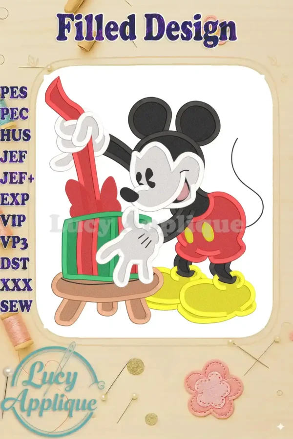 Classic Mickey Mouse filled embroidery design shows Mickey opening a gift. This charming design is perfect for adding a festive touch to your projects. The image showcases the detailed stitching and vibrant colors.