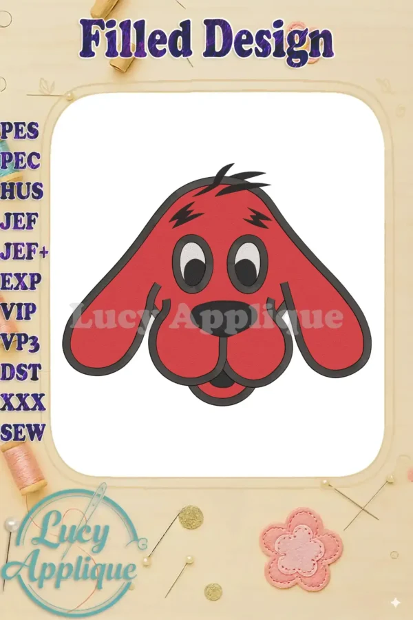 Embroidery design of Clifford the Big Red Dog's face, in red and black, ready to be stitched. The design is shown on a white background with various embroidery file formats shown.