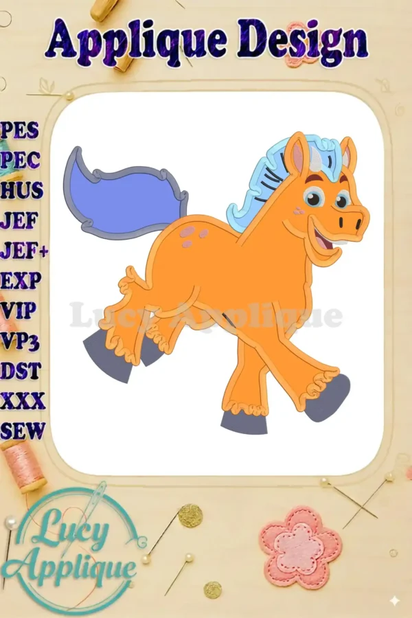 Clod Nella the Princess Knight applique design. A cheerful orange horse with a blue mane and tail, ready to be embroidered. Various file formats included.