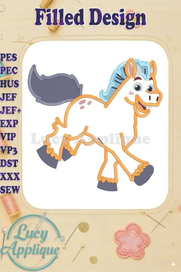 Clod Nella the Princess Knight, a cheerful pony, in a filled embroidery design. The design showcases the character's playful expression and vibrant colors, ready to stitch.