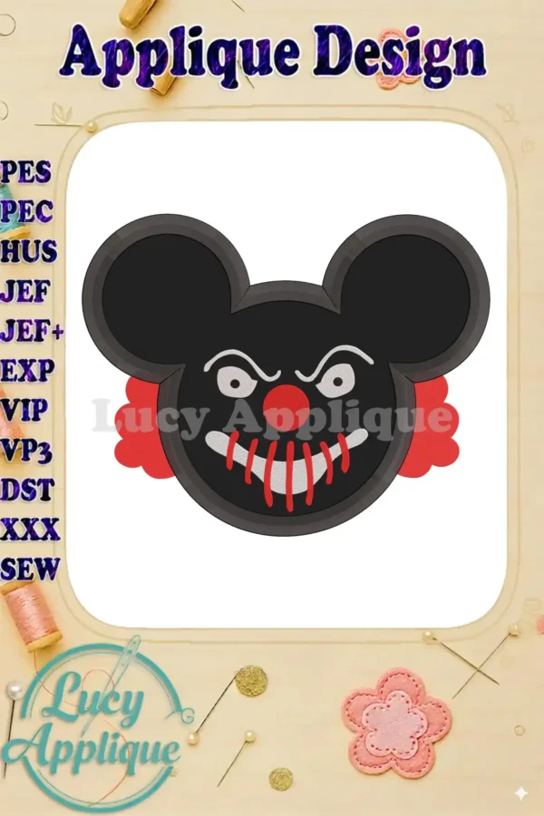 A spooky and fun applique design of Clown Mickey Mouse, perfect for Halloween! This detailed embroidery design features a black and red color scheme with sharp details.