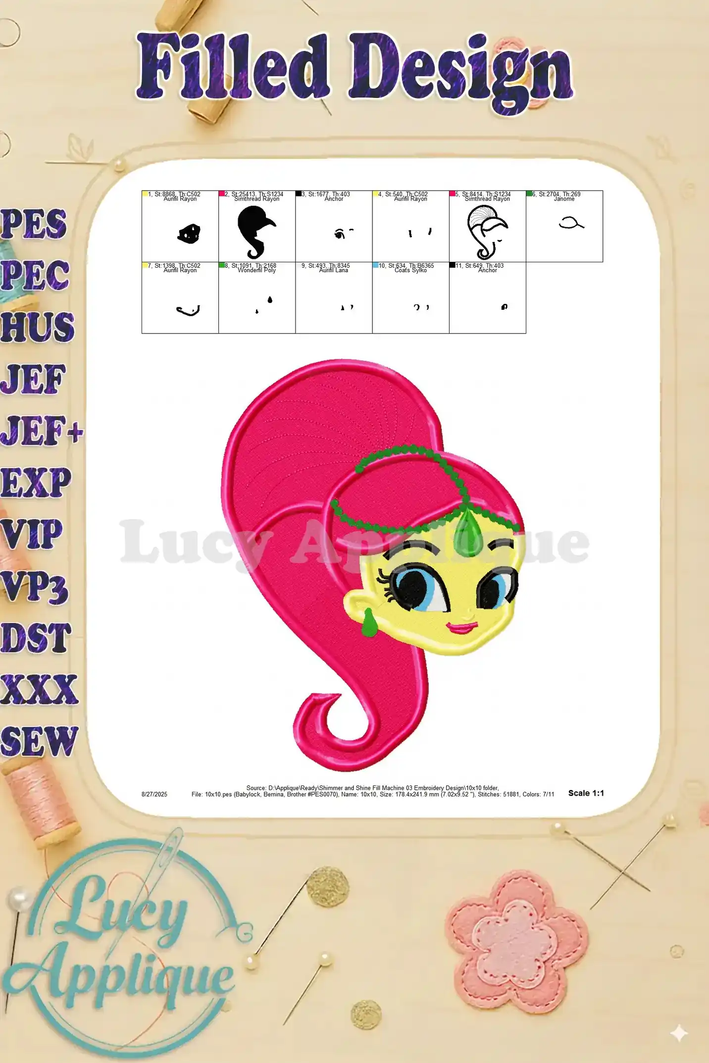A detailed view of the Shimmer and Shine embroidery design, highlighting the color placement and stitch details in a 1:1 scale.