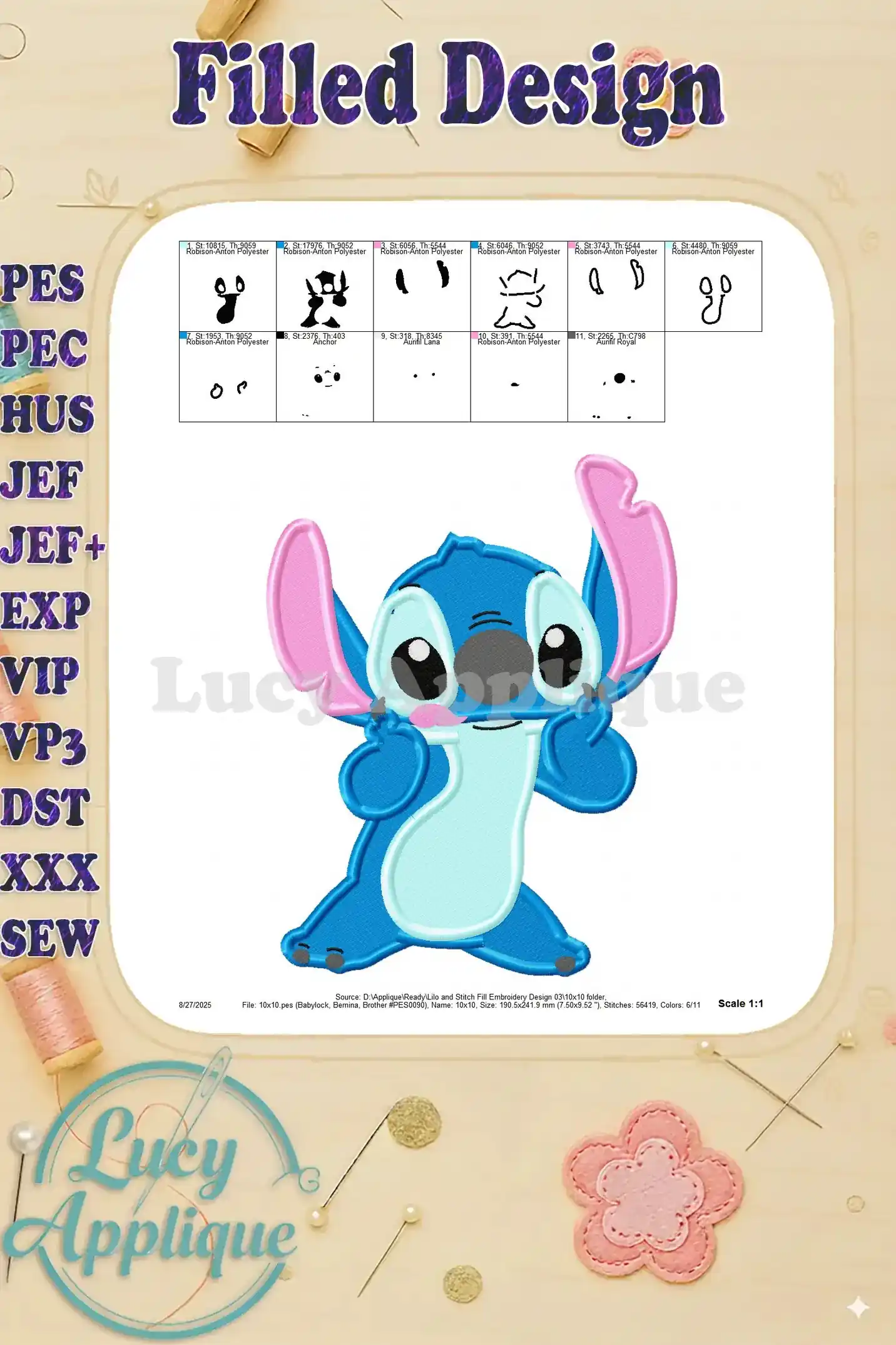 Detailed diagram showing the placement of each color section in the Lilo and Stitch embroidery design. Helpful for accurate stitching and color coordination.