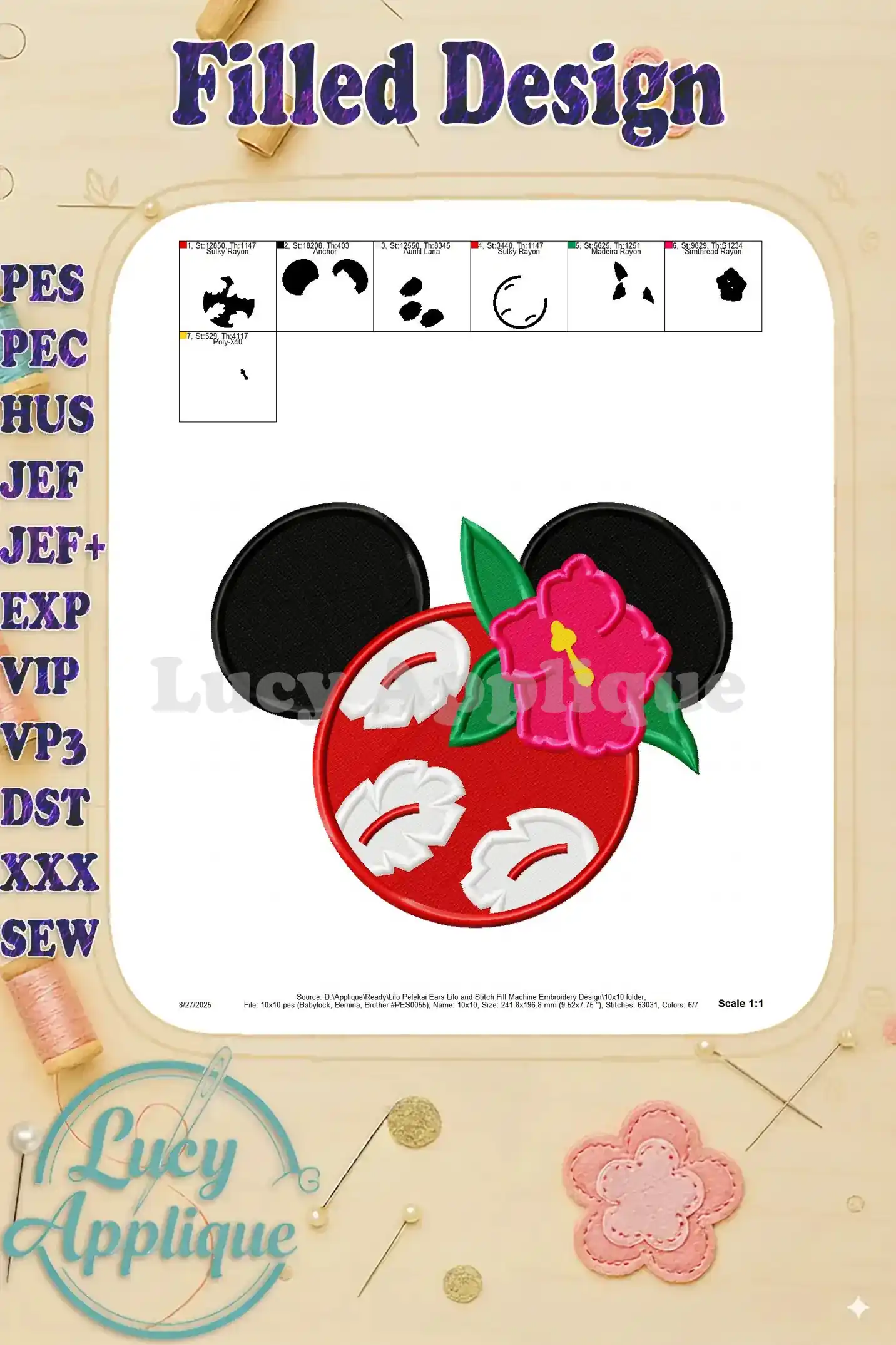 Alternative view of the Lilo and Stitch Mickey ears embroidery design, showcasing the filled stitch details and color placement.