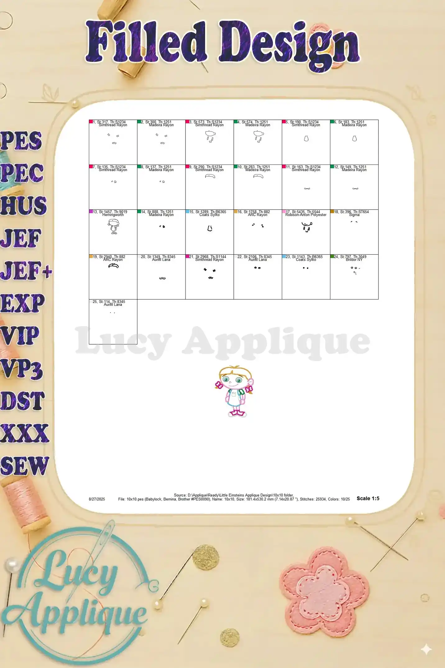Filled design chart for the Little Einsteins Annie applique, showing detailed stitch information and thread consumption. A helpful resource for planning and executing your project.