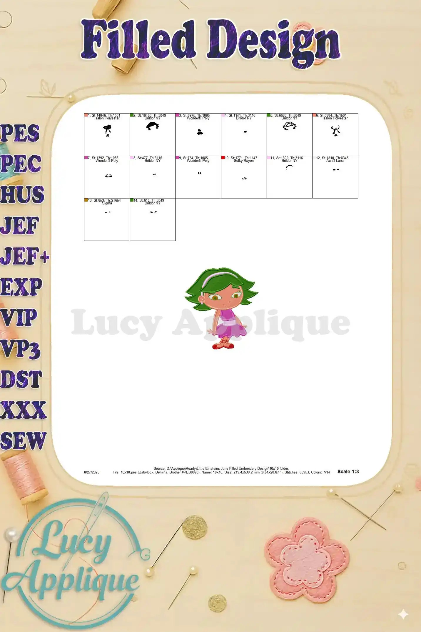 Embroidery design of a different Little Einstein character with green hair in a purple dress. Filled design style is used.