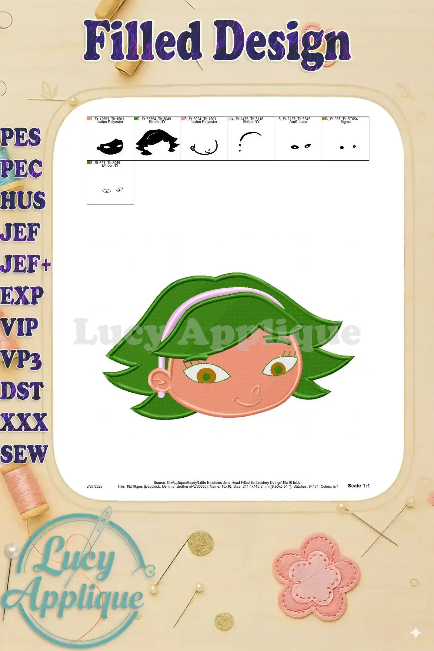 Embroidery design of Quincy's head from Little Einsteins, showcasing a filled stitch style. The design is presented on a white background within a decorative frame.