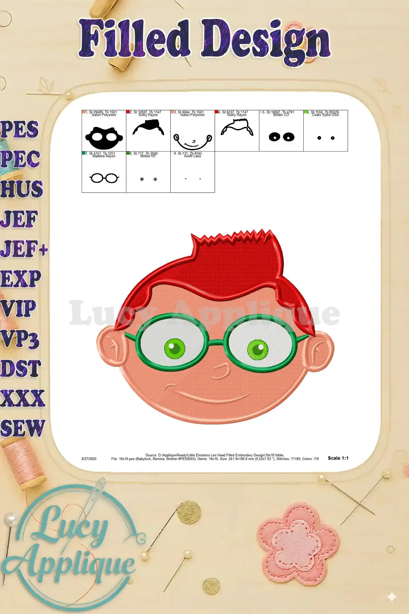 Detailed close-up view of the Leo's head embroidery design, showing individual stitching details and color variations. Great reference for stitch quality.