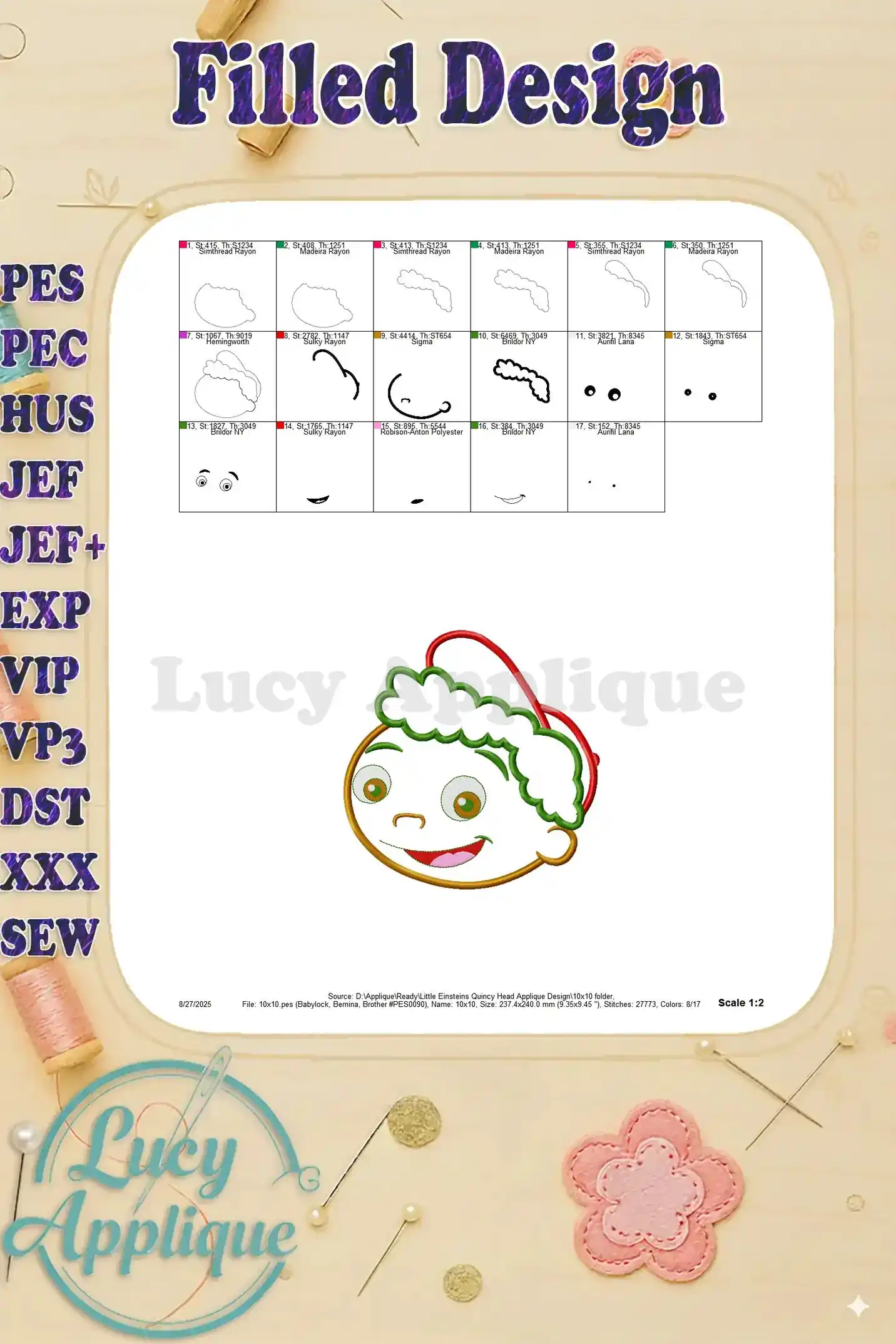 Filled design image for the Little Einsteins Quincy applique, showing a completed version with different thread choices.