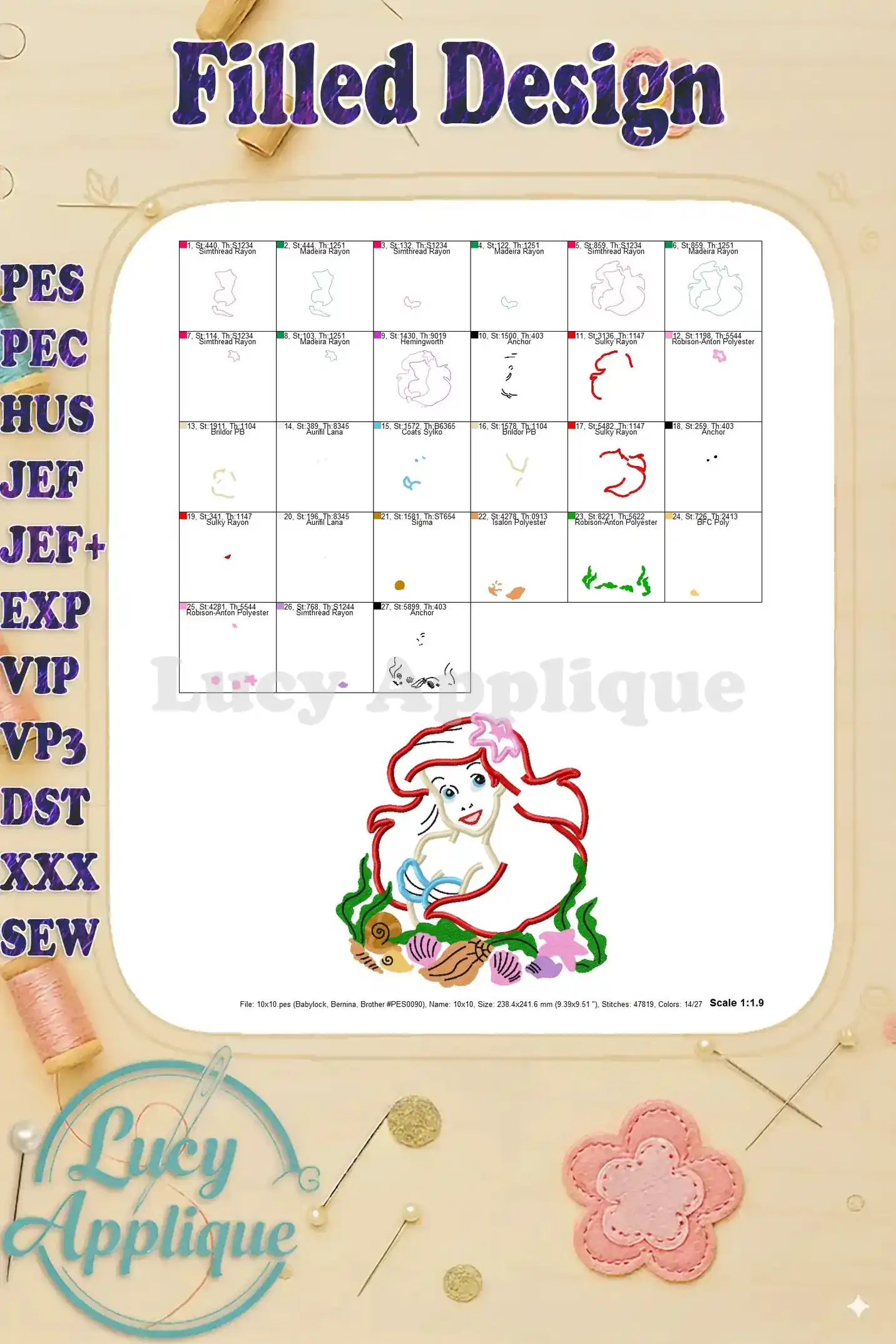 Filled design for the Ariel applique embroidery design, showing the completed design with color chart and thread consumption details. A filled design is a type of embroidery design where the entire area is filled with stitches.