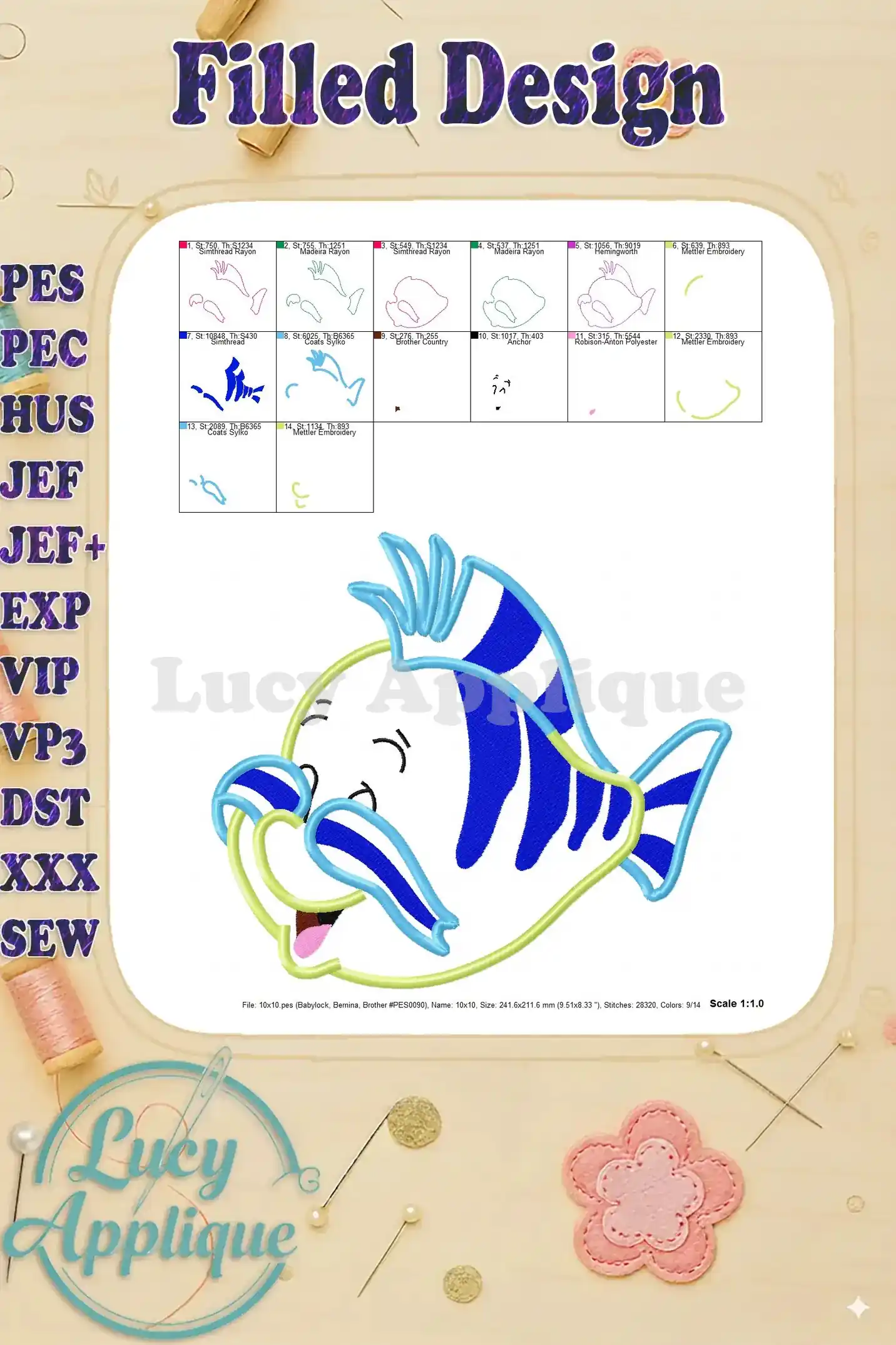 Image showcasing the finished Flounder design as a filled embroidery design, with different color options. Multiple fabric types are shown.