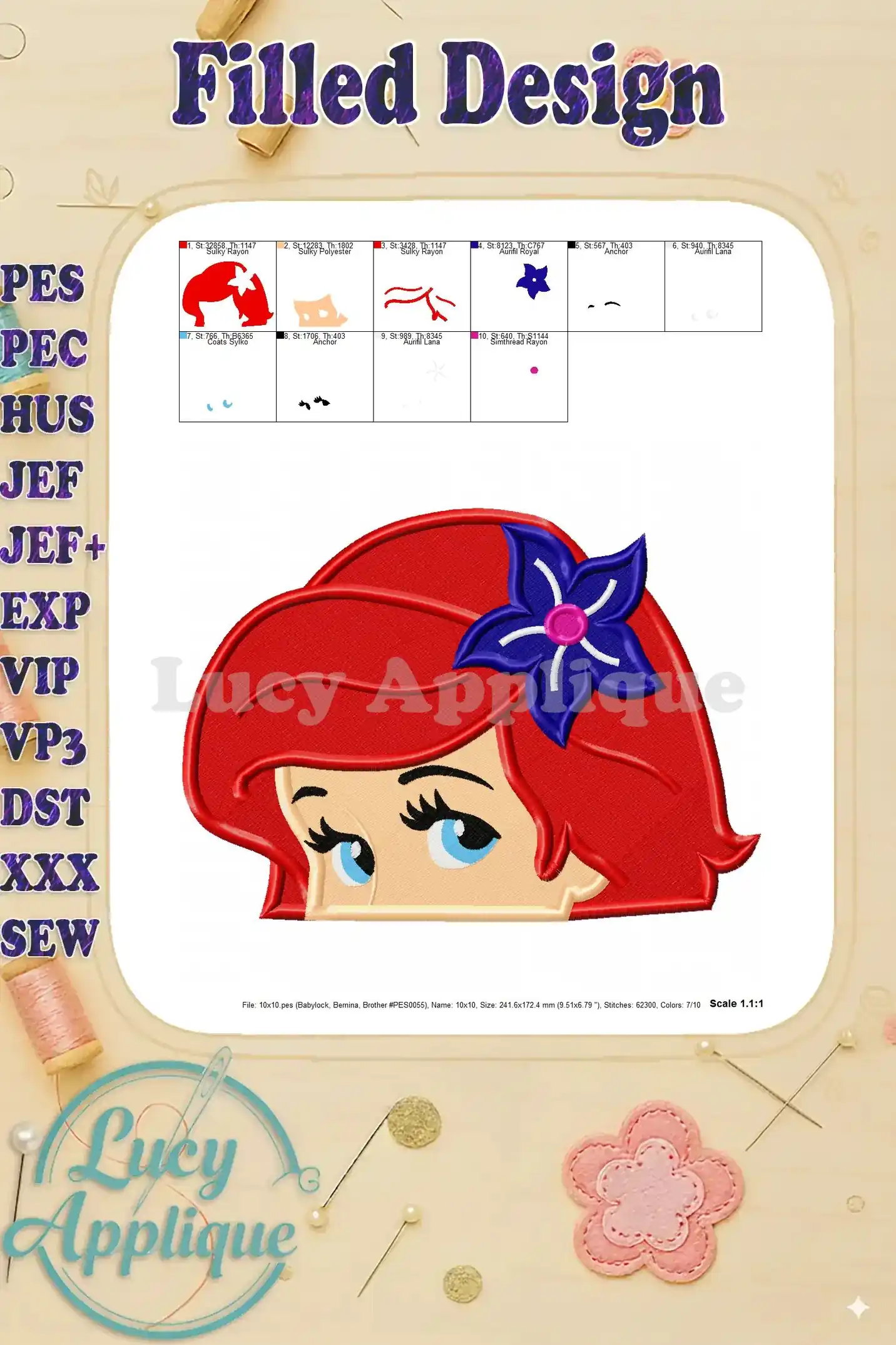 Another view of the completed Ariel embroidery design, showing the overall design and stitch details. Includes file format and stitch count information.