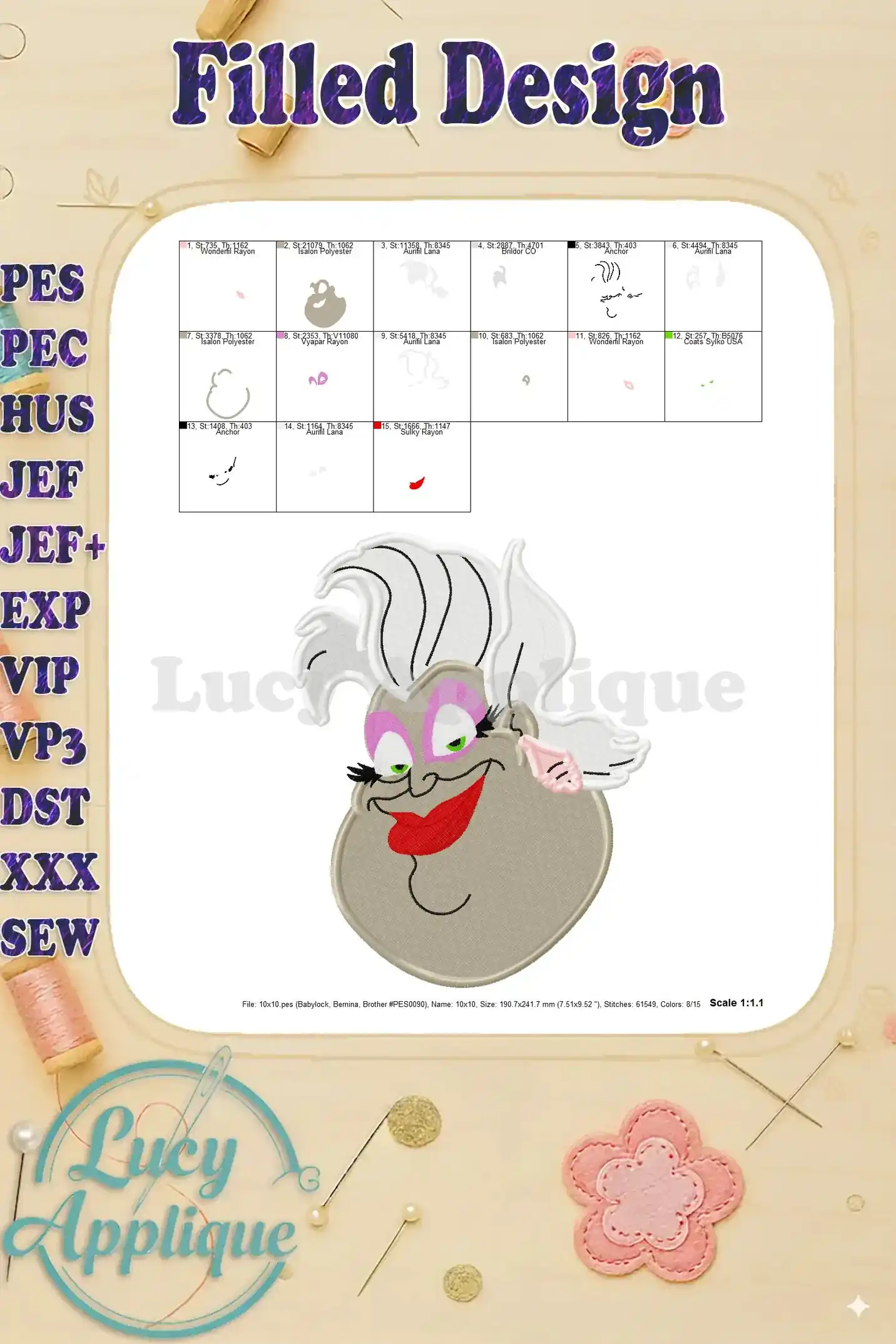 Embroidery design showing a detailed view of the finished Ursula embroidery in grayscale, with stitch details and scale information included.