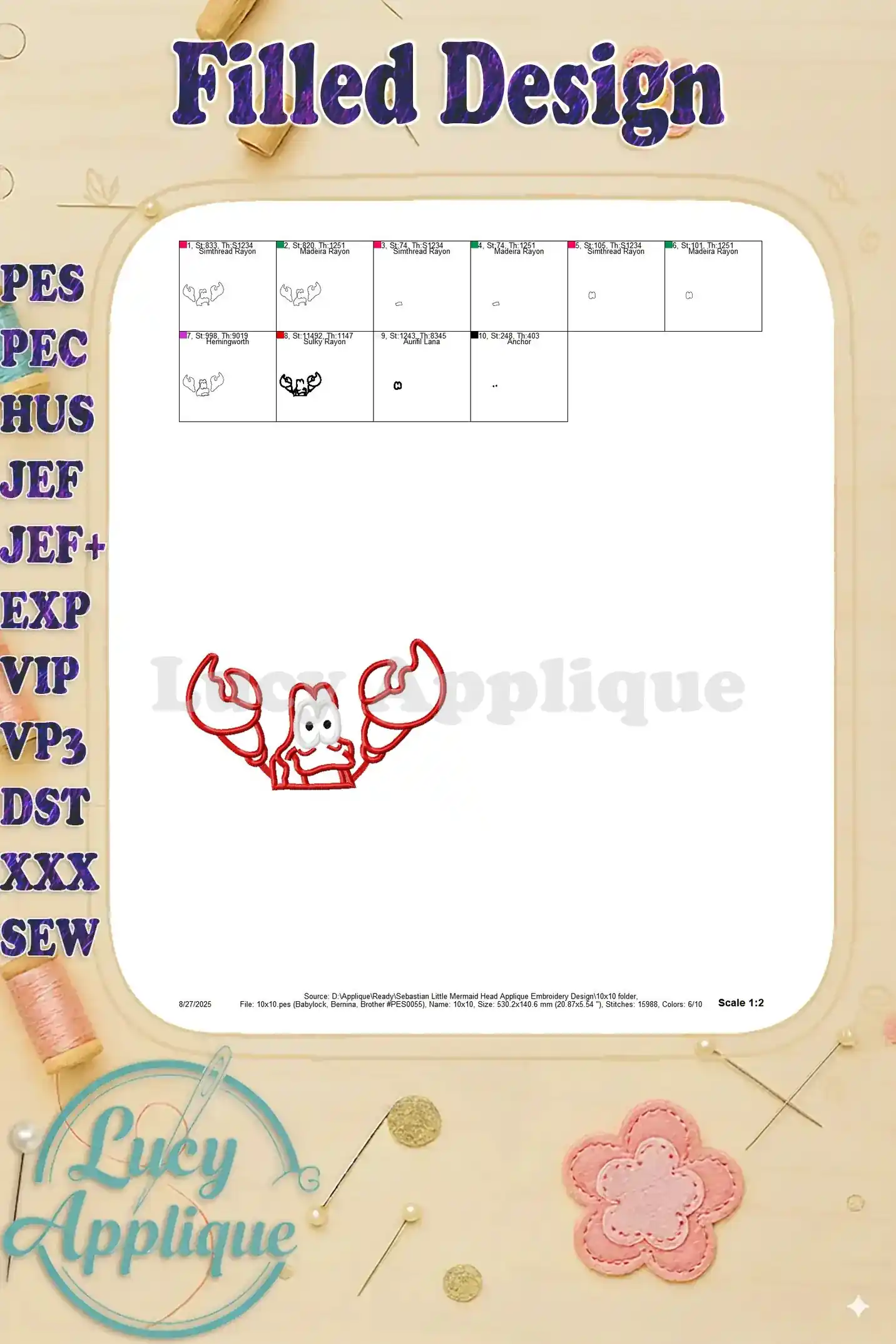 Filled design preview of Sebastian the crab applique, showcasing the final embroidered look. Shows the color scheme and overall design.