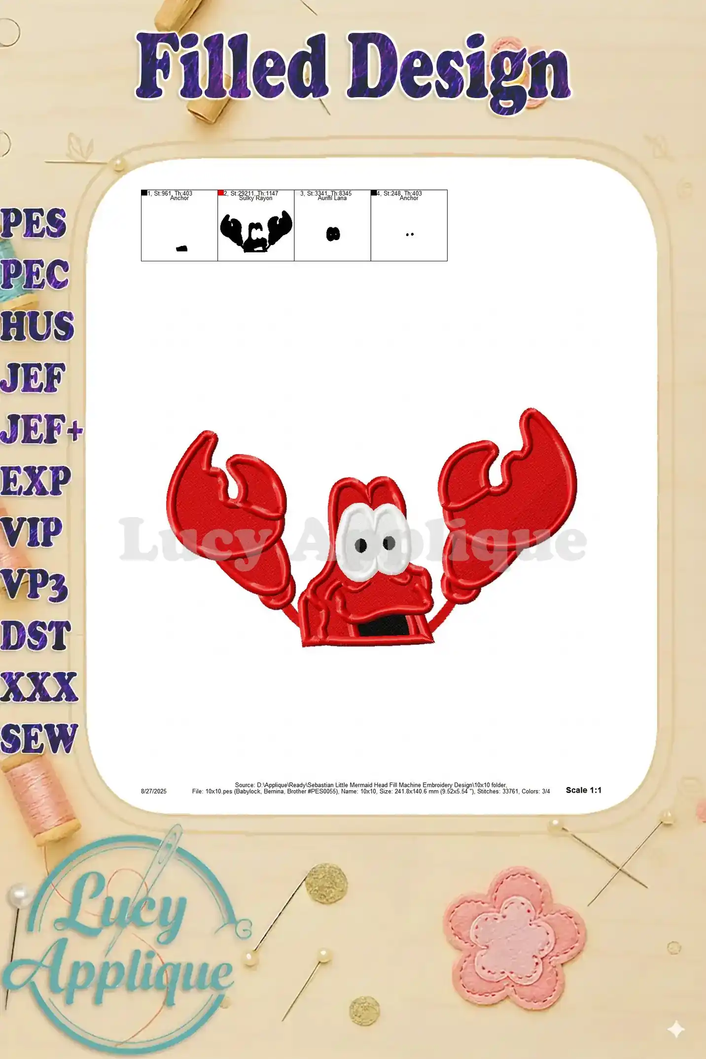 Detailed view of Sebastian the crab embroidery design, showing the completed design at a 1:1 scale. The image clearly shows the final look.