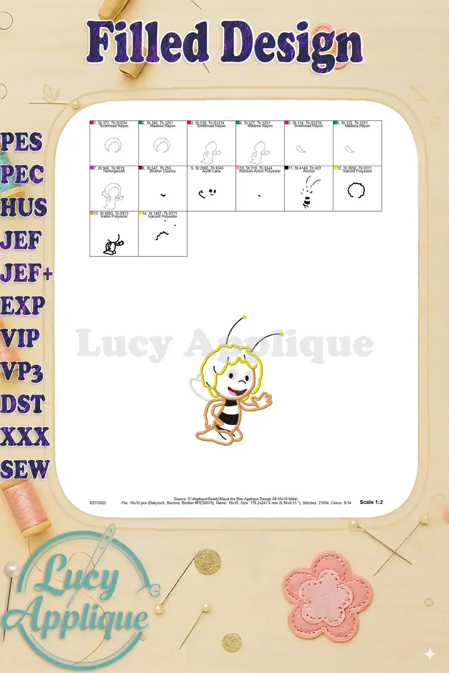 Filled design illustration of Maya the Bee applique, showing the finished embroidered look and thread color details.