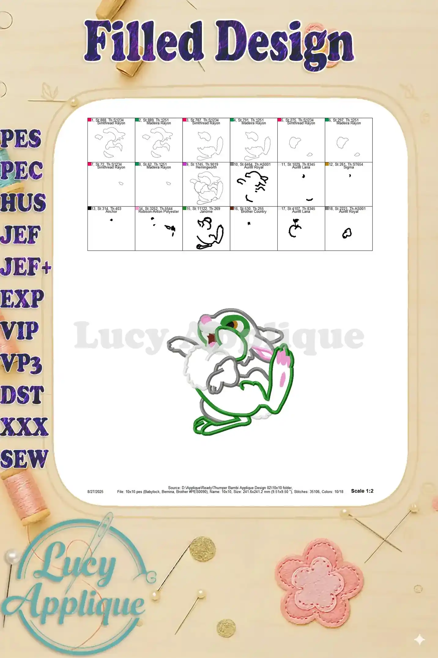 Filled design of the Thumper Bambi applique, showcasing the completed embroidery with various thread colors for a vibrant and detailed look.