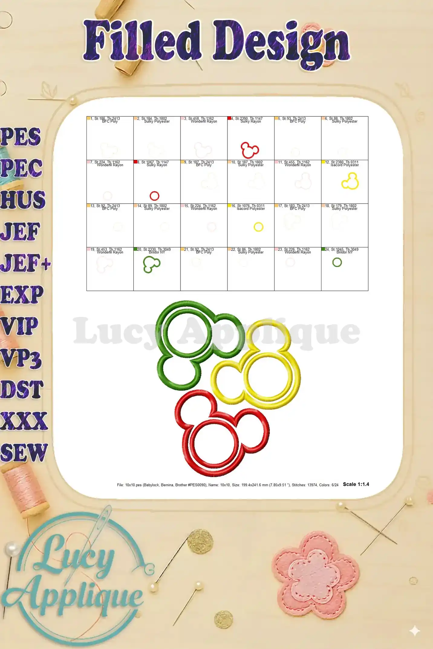 Image displaying a filled Mickey Mouse design with color options, showcasing the completed embroidery design.