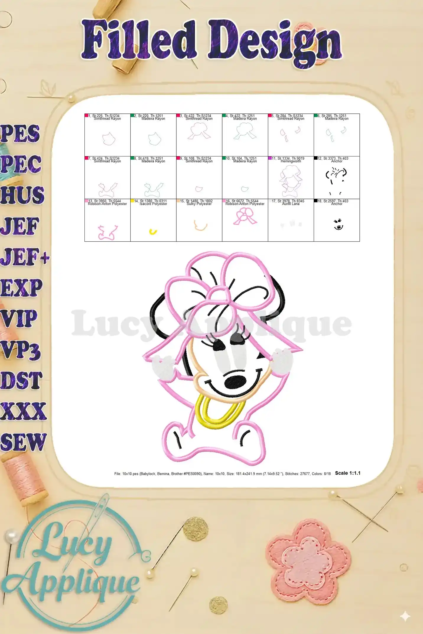 Filled design preview of Baby Minnie Mouse applique, showing the completed design with color fill and details. Scale and stitch count are included.