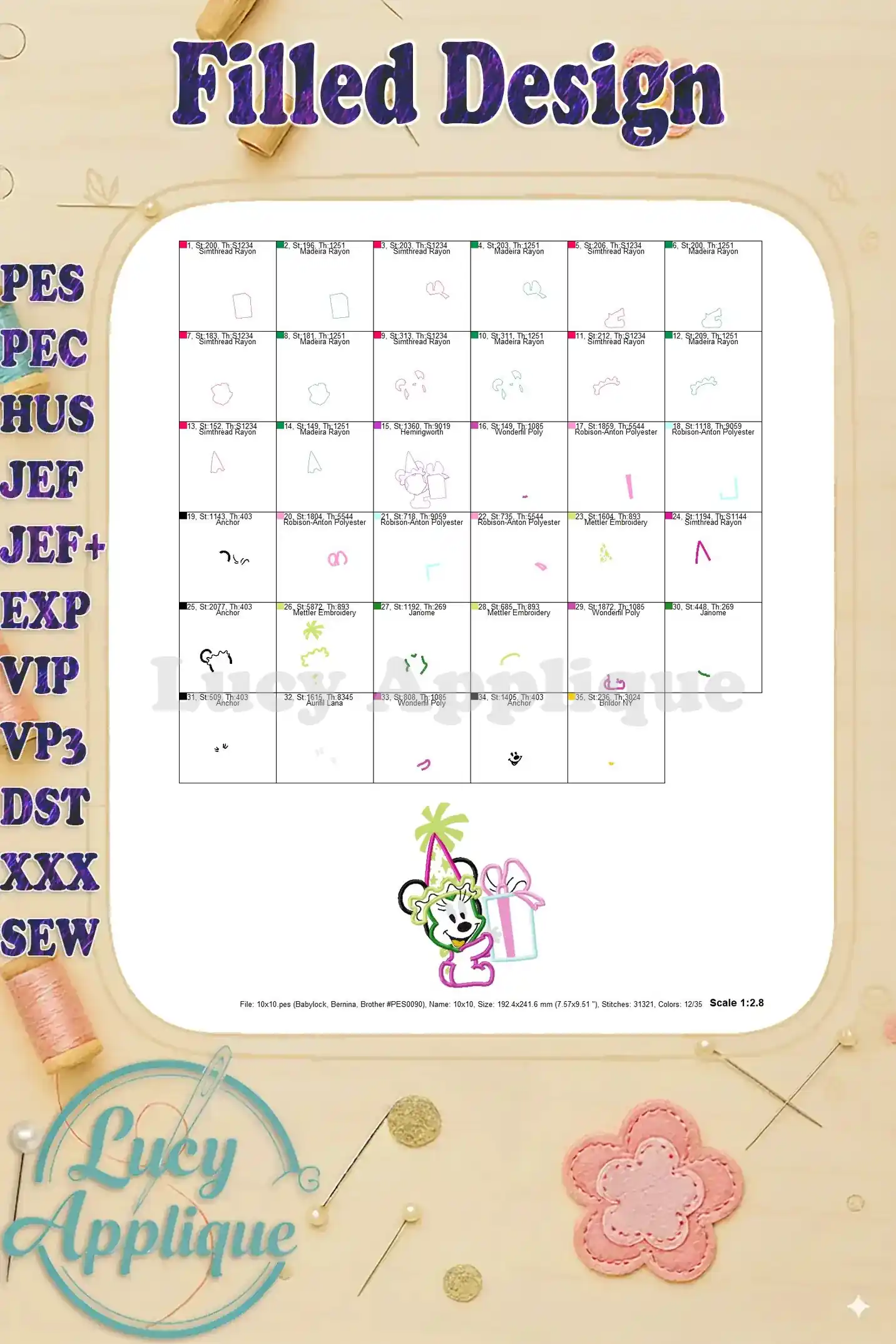 Filled design sheet for the Baby Minnie Mouse birthday applique, showing thread usage and stitch details for the filled areas.