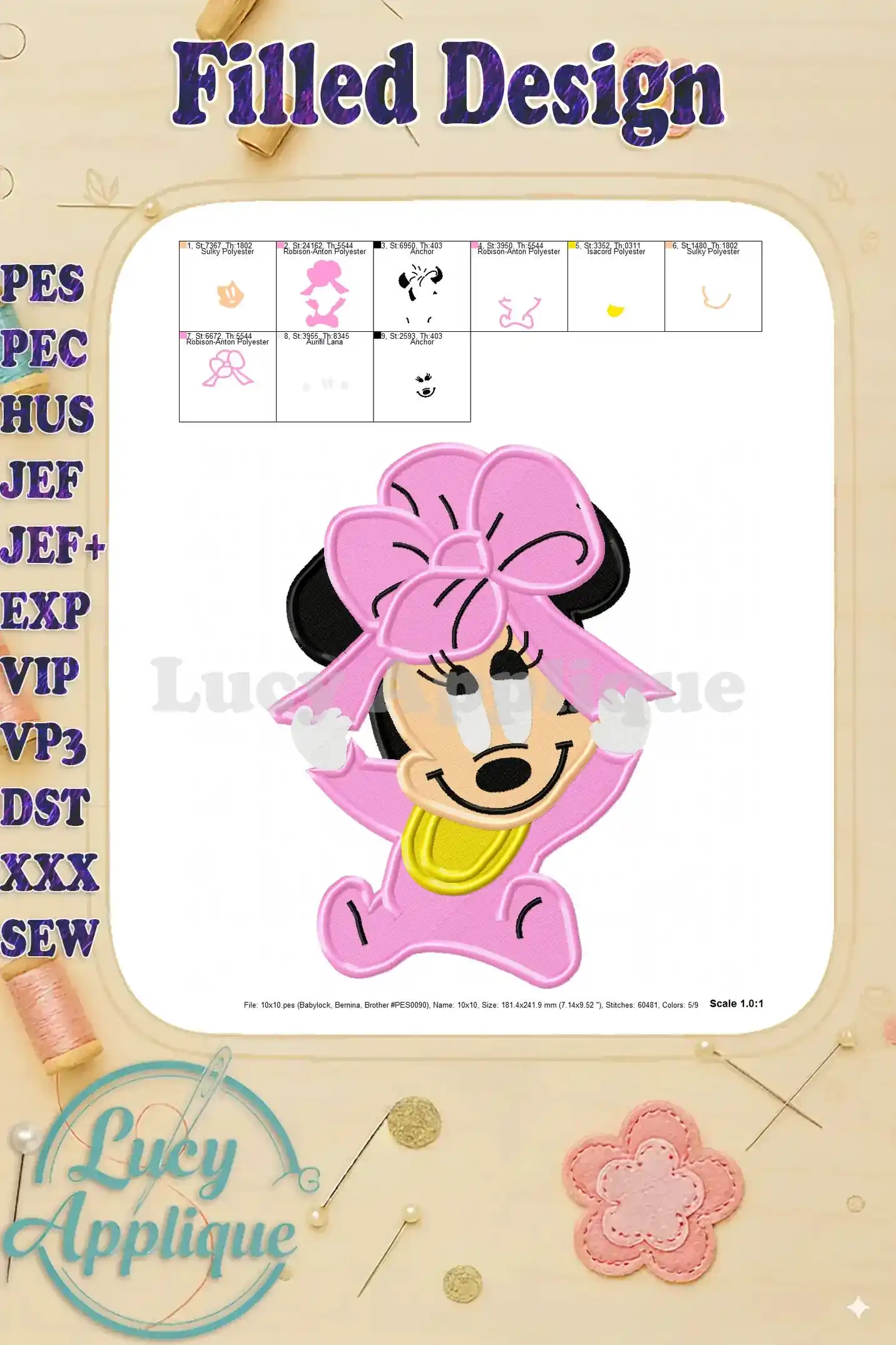 Alternative view of the Baby Minnie Mouse filled embroidery design, showing the design's dimensions and stitch details.