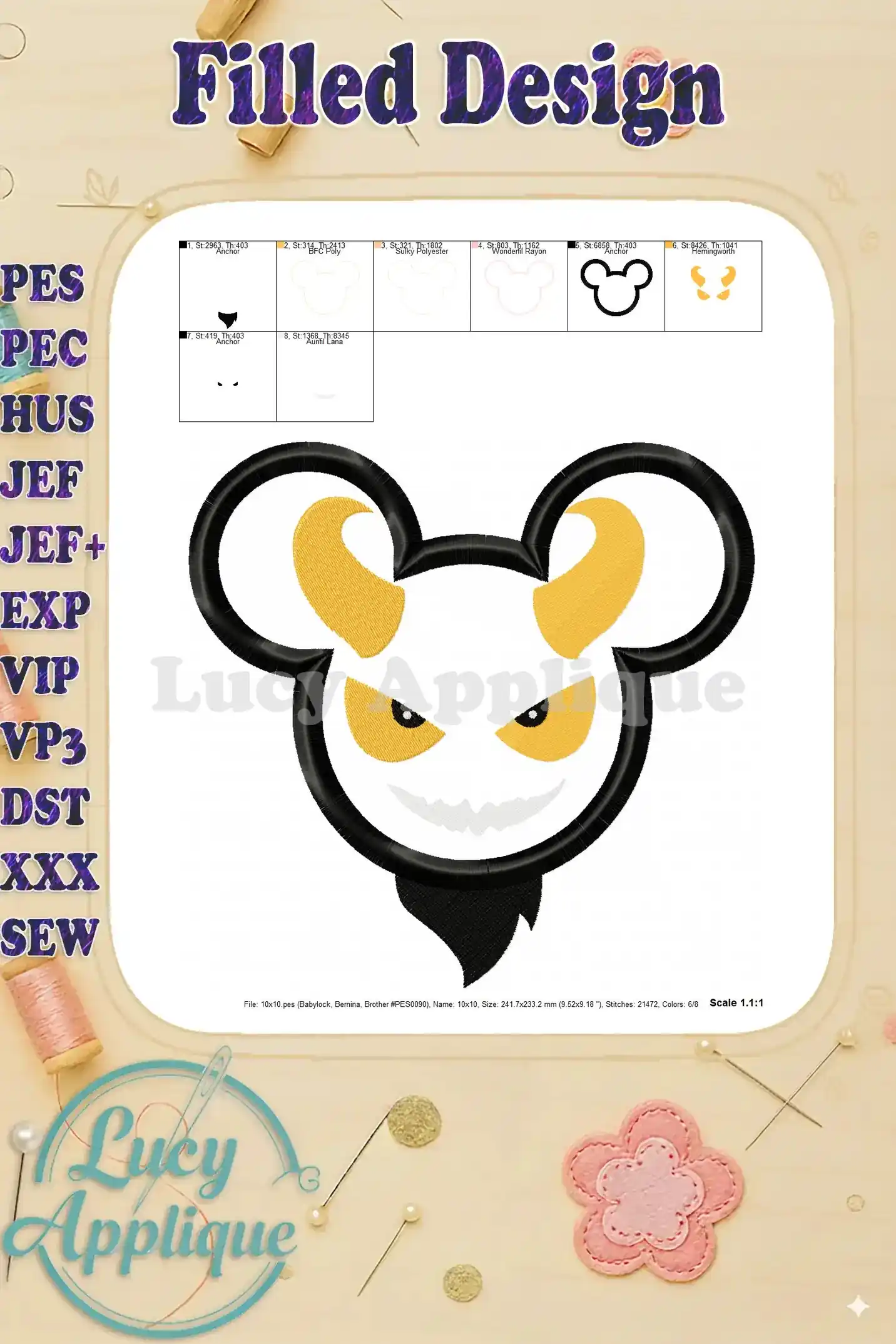 Filled design preview of the Devil Mickey Ears Applique, showing the final look of the stitched design.