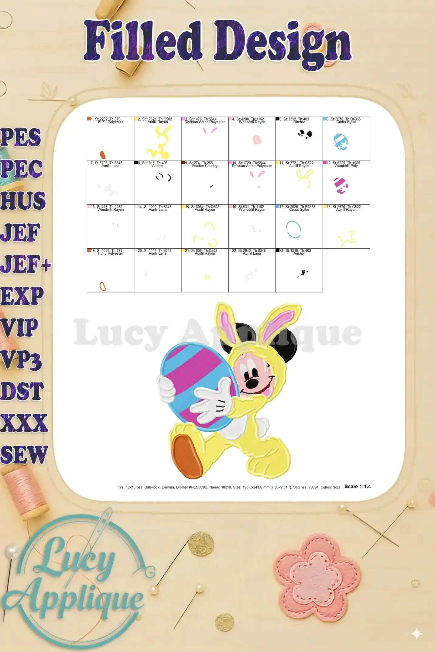 Detailed color chart for the Easter Mickey Bunny embroidery design, showing all the colors and their corresponding thread numbers.