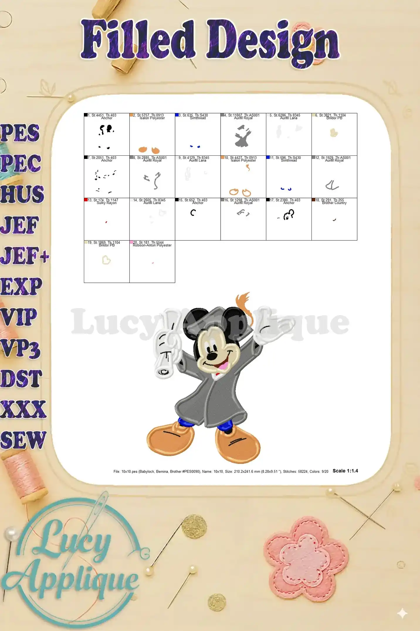 Detailed view of the Graduation Mickey Mouse embroidery design stitches, showcasing the various stitch types used. High-quality digital design for embroidery machines.