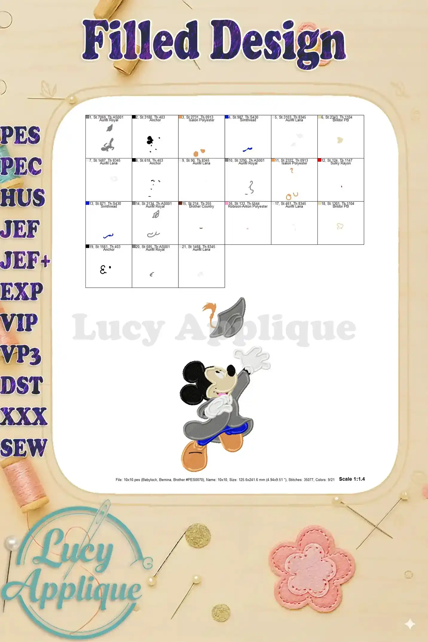 Detailed view of the Mickey Mouse graduation design, showing individual stitch placements and thread usage. Includes scale and other specifications.