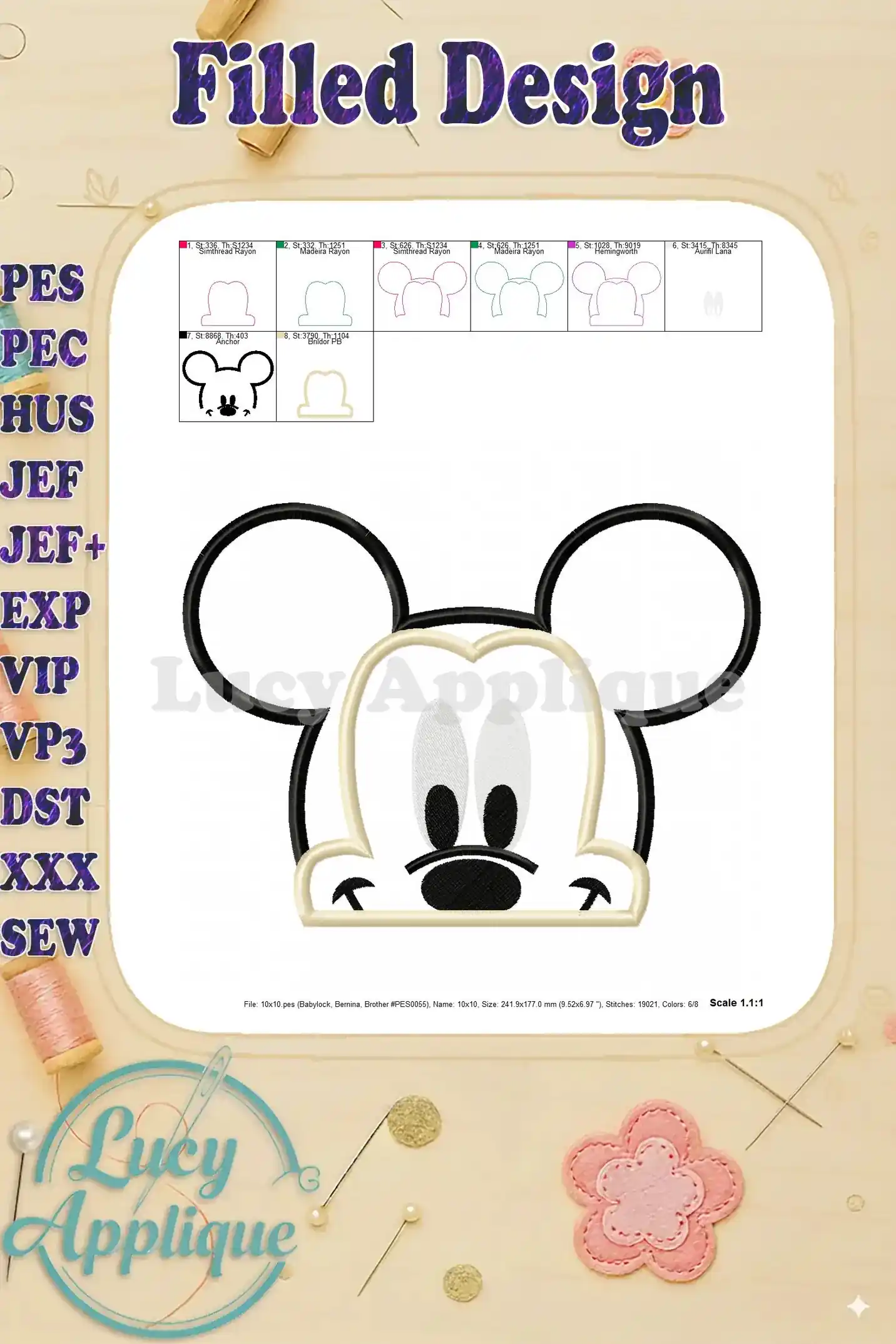 Filled Mickey Mouse design, showing different views of the filled embroidery design in various color schemes. This is a filled version of the applique design.