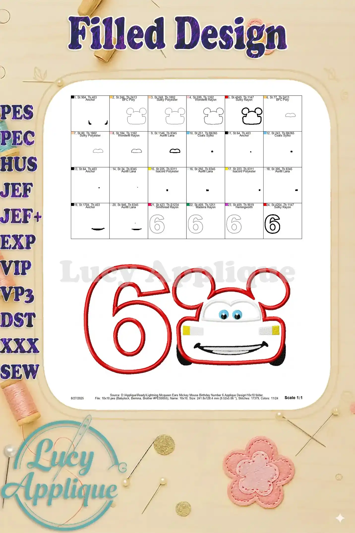 Filled design sheet for the Lightning McQueen and Mickey Mouse applique, showing stitch details and thread consumption.